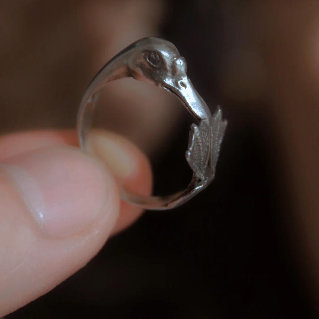 Yin Taifei Thai Silver Retro Goose Head Ring - Women s Antique Style Statement Jewelry Adjustable Open Size