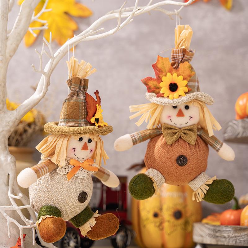 Haobei Autumn Harvest Scarecrow Boy & Girl Decoration with Maple Leaf Pendant