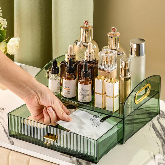 Desktop Cosmetic Storage Box with Drawer And Handle Transparent Two-tier Smooth Stable High Fence Lipstick Lotion Nail Polish Organizer Makeup Display