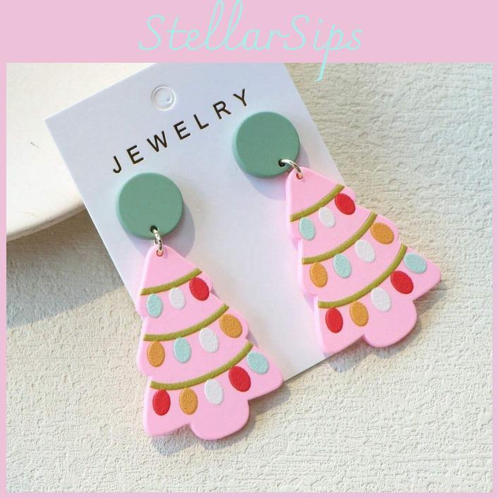 Delightful Floral Geometric Pink Christmas Tree Ear Studs For Joyful Celebrations