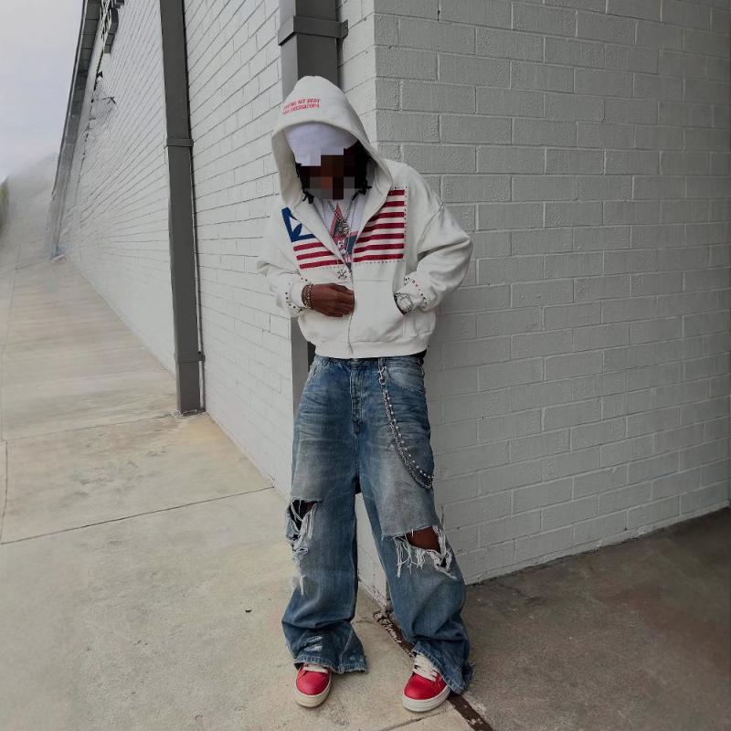 Evropská a americká Y2K mikina s kapucí s potiskem písmen, kapsou, personalizovaný trendy volný hip-hopový kardigan