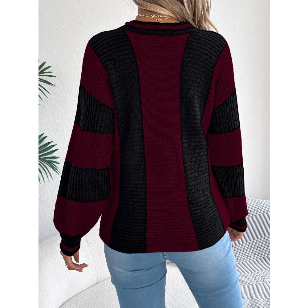 Fashionable Women's Hoodie: Casual Contrast-Striped Lantern-Sleeve Pullover Knitwear