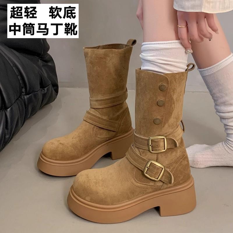 Brown Boots Women's 2025 New Autumn and Winter Retro British Style Super Fire with Skirt Knight Boots Stack Boots