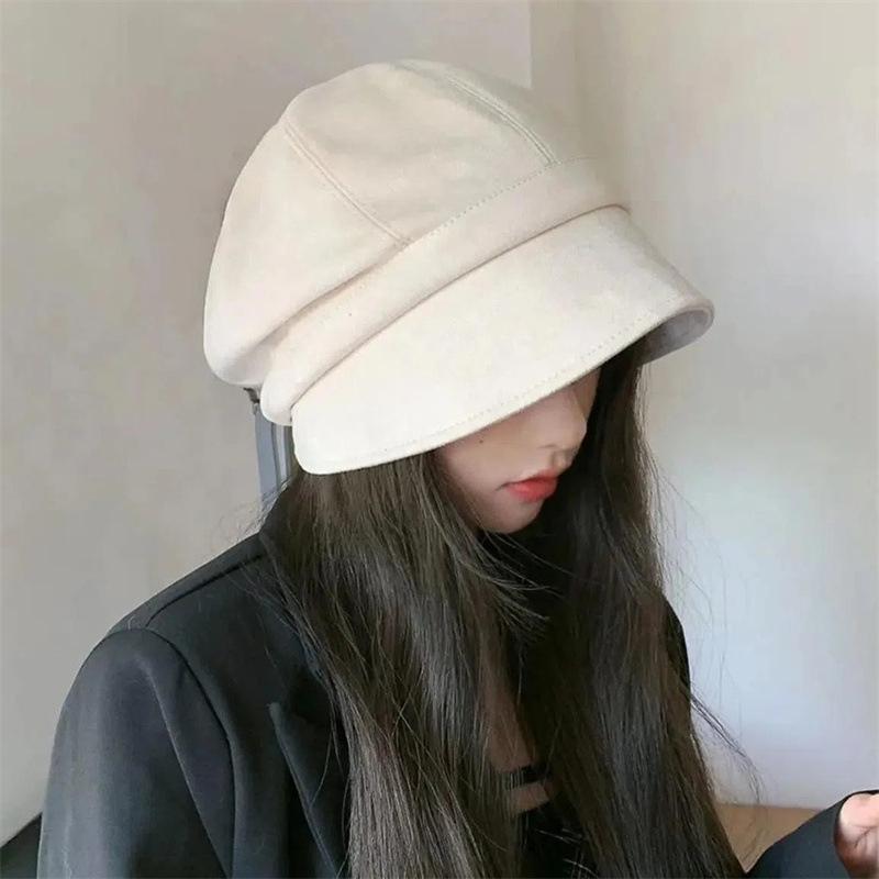 

Retro Newsboy Cap Women Autumn Winter Suede Octagonal Caps For Girl Solid Color Artist Painter Hat one size бежевый