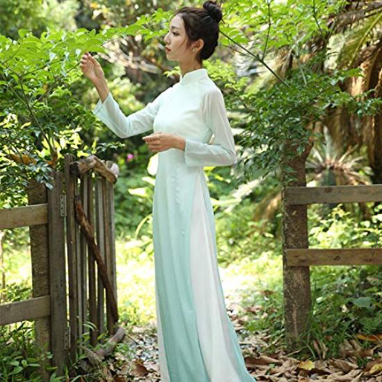 Ao Dai Ao Dai Style Long Chiffon Dress and Green Size [TRTRO] Dress, (White Gradient, M)