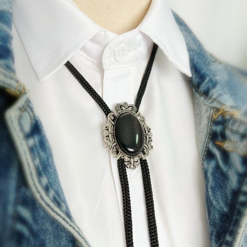 Men Women Handmade Vintage Bolo Tie Western Cowboy Braided Rope Necktie with Antique Stone Feathered Pendant Necklace