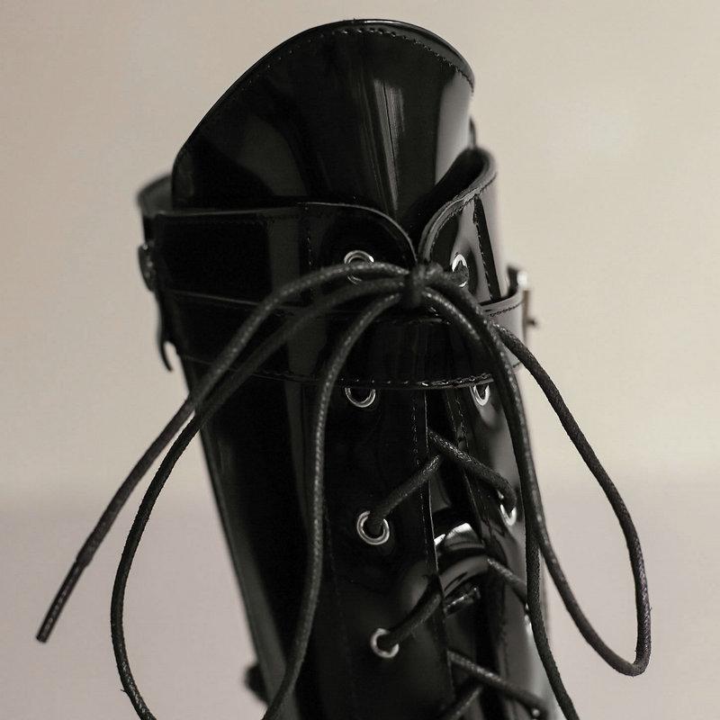 Punk Black White Boots Women's Back Chain Decor Shoes Knee High Boots Pointed Toe Leather Lace Up Chunky Heels Footwear