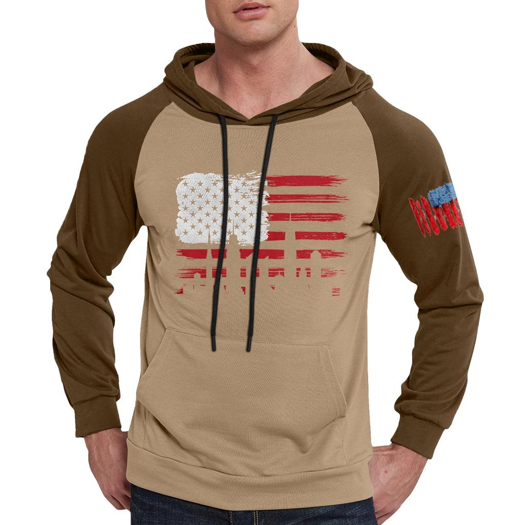 Herren Lässiges Kapuzen-Sweatshirt mit Kordelzug, lang, mit Flaggen-Print und Taschen