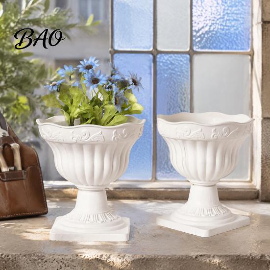 White Urn Planter Pot, Tall Vintage Roman Column Flowerpot, Plastic Decorative Garden Flowerpot Plant Container for Indoor Outdoor Front Porch Balcony