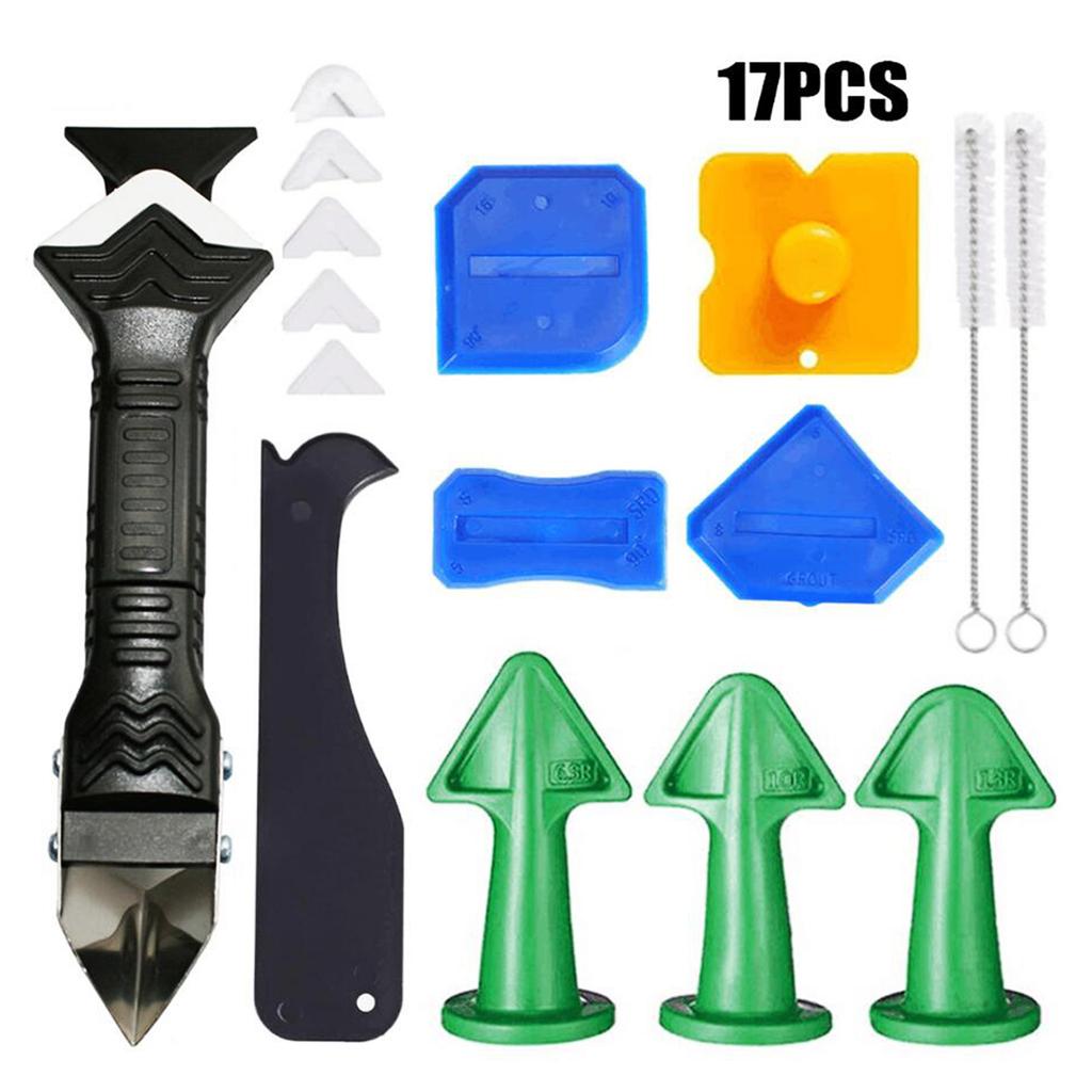 17 PCS Caulk Remover Tools 3 In 1 Metal Scraper with 6 Silicone Pads Grout Angle Scrapers Caulking