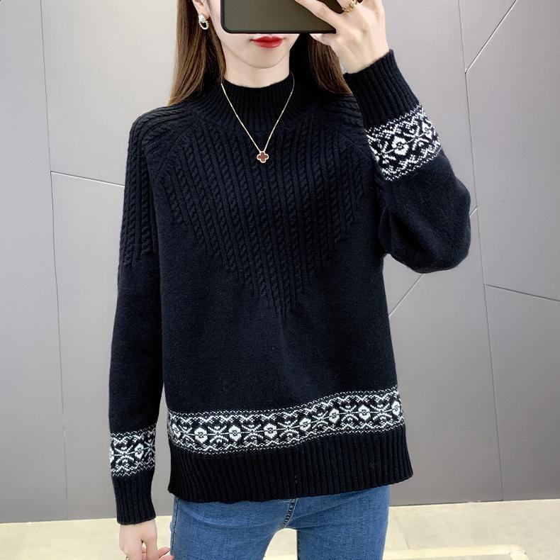 Autumn Winter Women's Half Turtleneck Sweater Loose Thick Pullover Knitted Top Jacquard Elastic Knitted Top Jumper.
