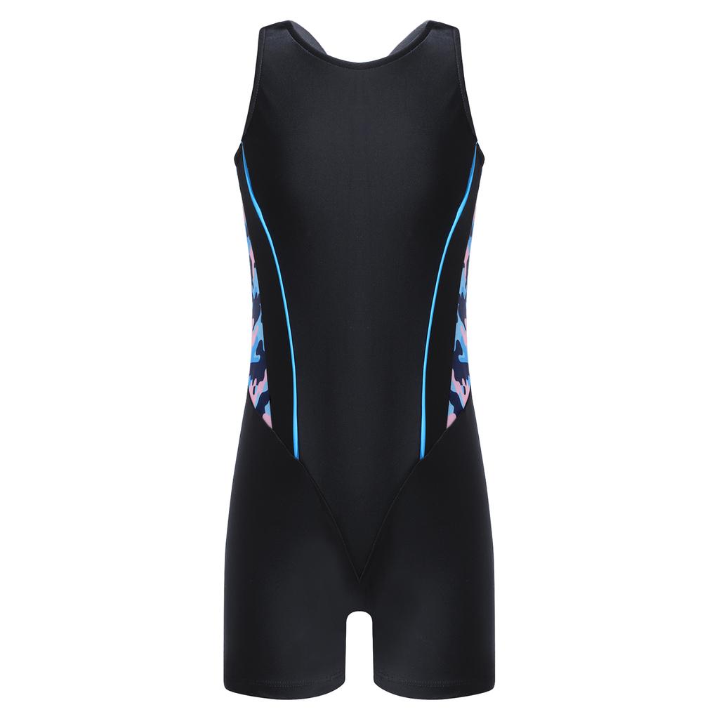 Girls Swim Bodysuit One Piece Swimwear Round Neck Sleeveless Open Back Print Short Jumpsuit Pool Beach Wear