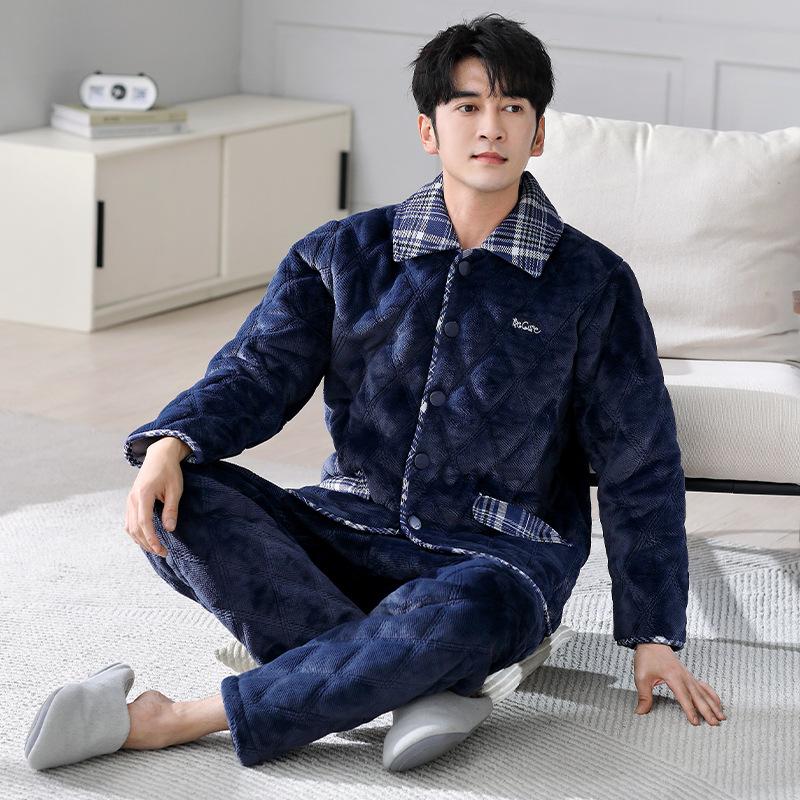Pajamas Men'S Winter Thickened Fleece Coral Fleece Three-Layer Padded Cotton Autumn And Winter Flannel Warm Padded Jacket Loungewear