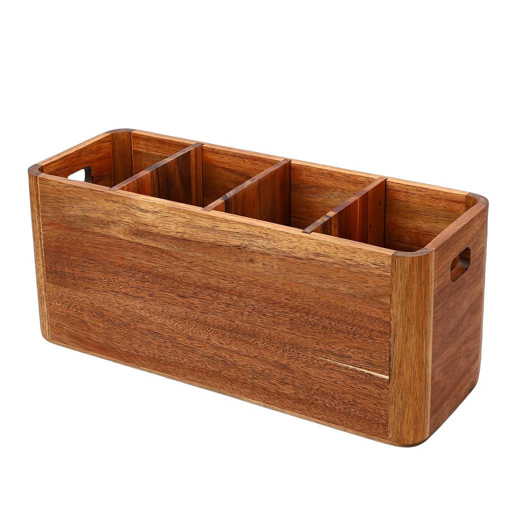 Kitchen Utensil Holder Wooden Countertop Cutlery Storage Organizer Silverware Holder with 4 Compartments for Spoon Fork