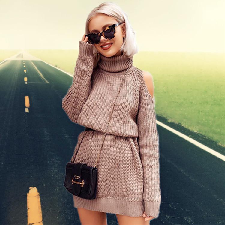 2025 European & American Fall/Winter Off-Shoulder High-Neck Knitted Sweater Dress.