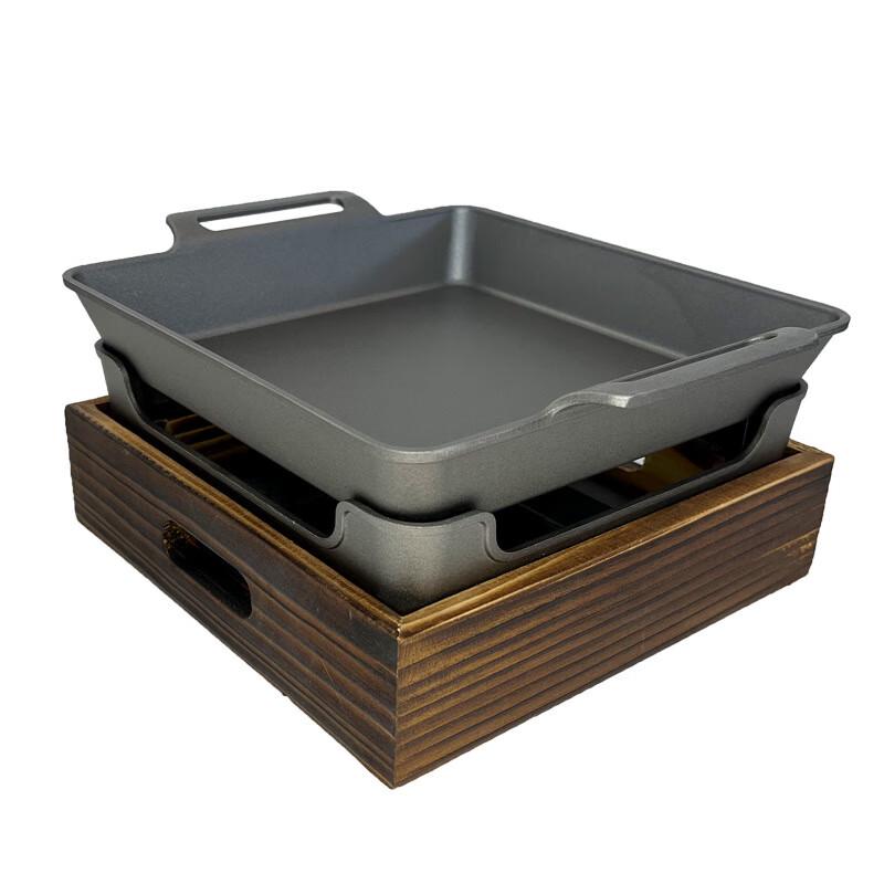 Alcohol-Heated Non-Stick Grill Pan with Wooden Base
