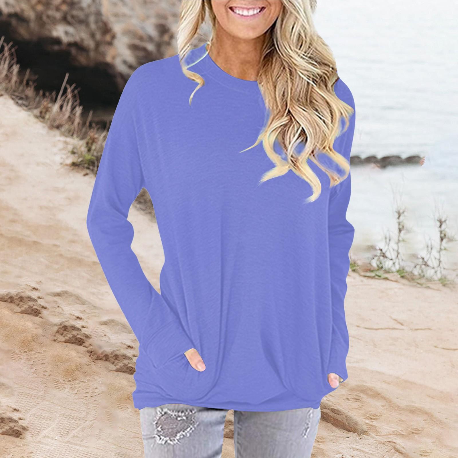 

Женская модная повседневная однотонная футболка с круглым вырезом и карманом с длинными рукавами, топ L светло-фиолетовый