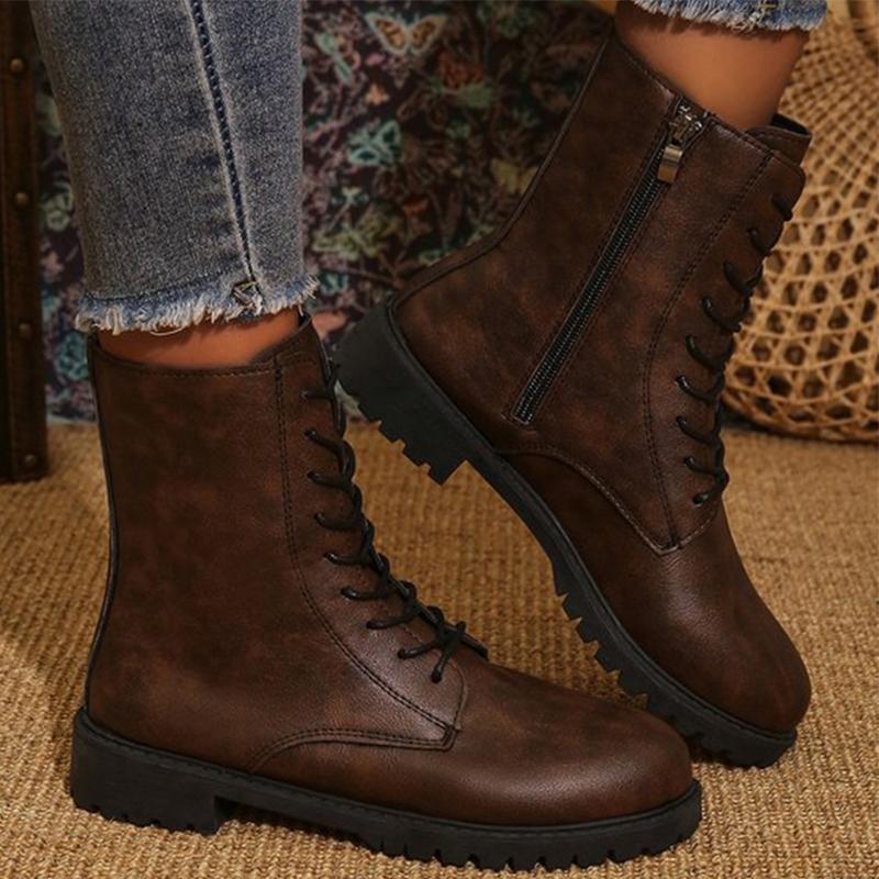 Fashion Women's Shoes British Solid Zip Ankle Boots for Woman Autumn Winter Round Toe Lace-Up Short Boots Women Pu Leather Shoes Zapatos