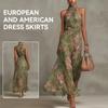 European Style Women Clothing Pleated Off-shoulder Print Sexy Spaghetti Strap Maxi Dress