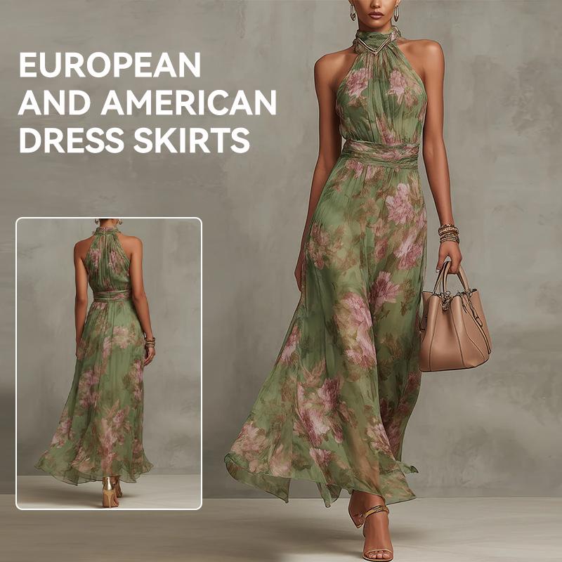 European Style Women Clothing Pleated Off-shoulder Print Sexy Spaghetti Strap Maxi Dress