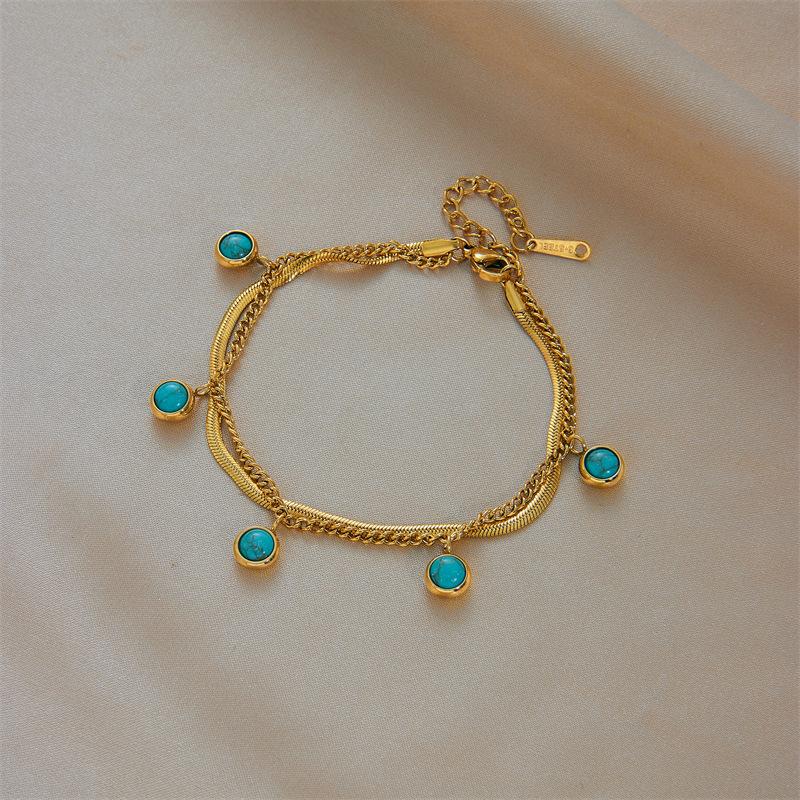 Gold Plated Turquoise Bezel Set Double Layer Chain Bracelet for Women Stainless Steel
