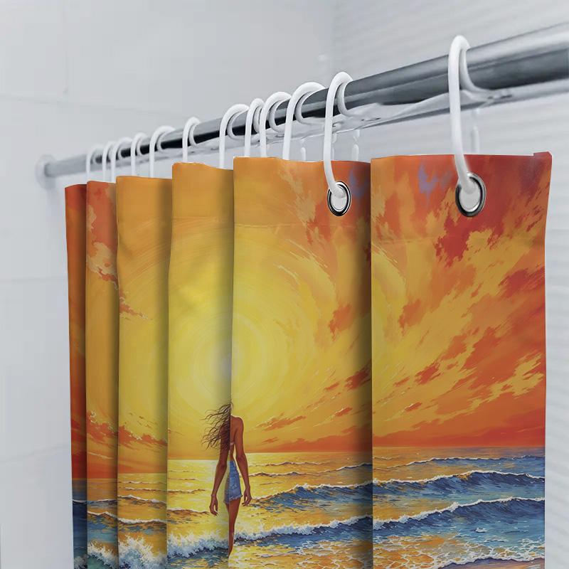 Vibrant Sunsets Shower Curtain Beaches Sunset Painting Waterproof Fabric For Bathroom Decorations