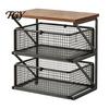 Compact Coffee Organizer Station with Drawer, Tiered Bar Organizer, Wooden Top Shelf, Desktop Storage Shelf Wire Mesh Drawers for Tea Bags, Capsules,