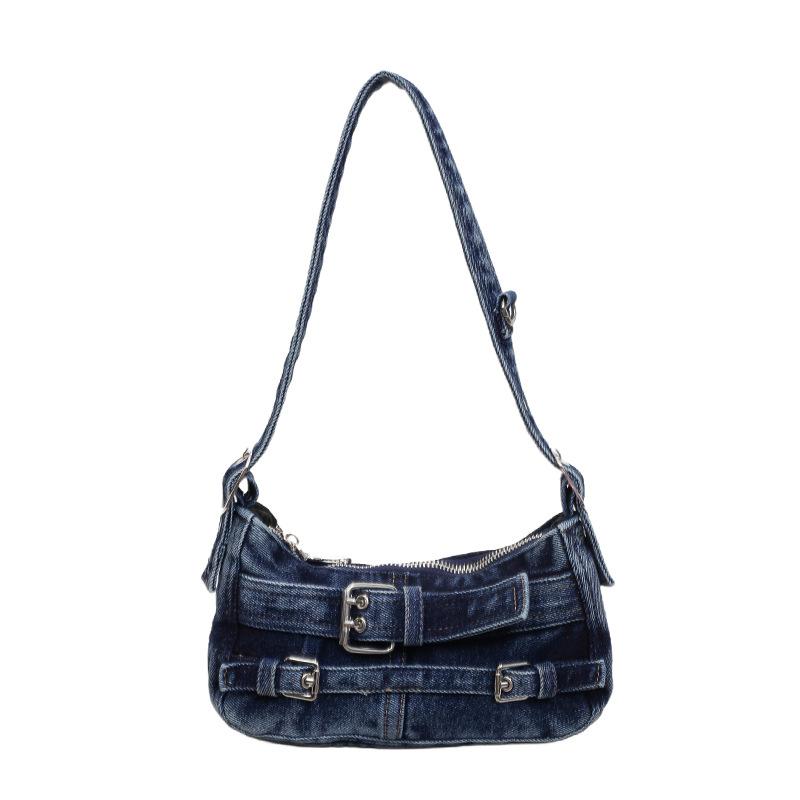 Y2K Washed Denim Shoulder Bag with Buckle Detail Zipper Closure Casual Underarm Purse for Daily Use