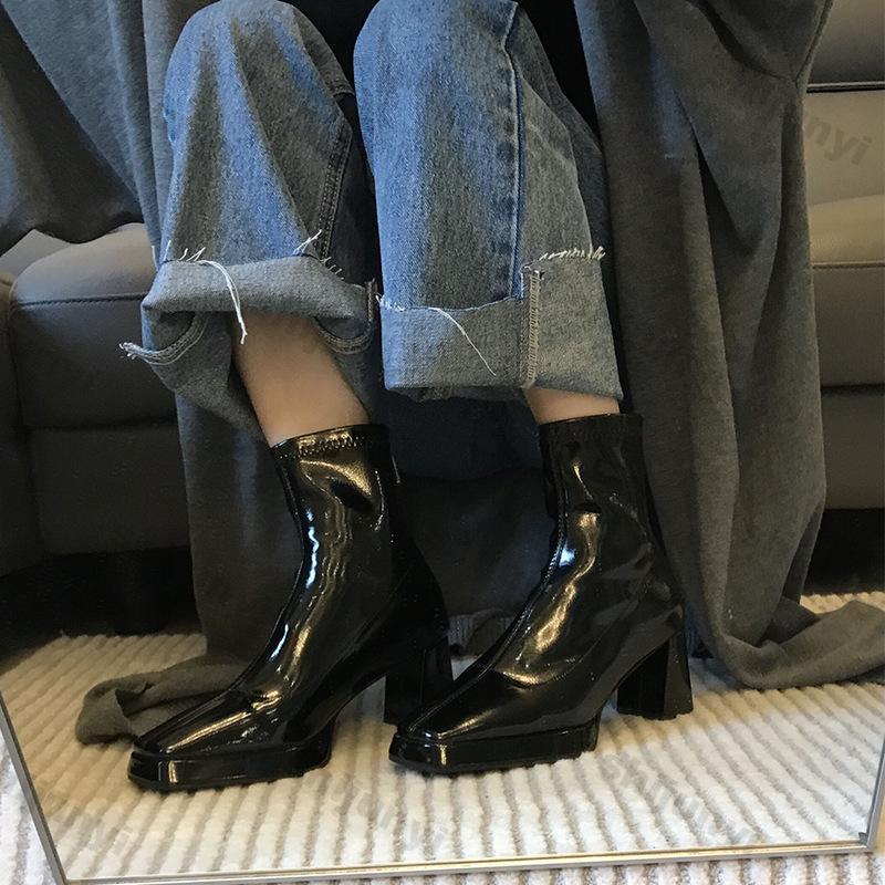Women's High Heel Ankle Boots Square Toe Patent Leather Zipper Short Boots Woman Solid Color Chunky Mid Heel Botas Mujer