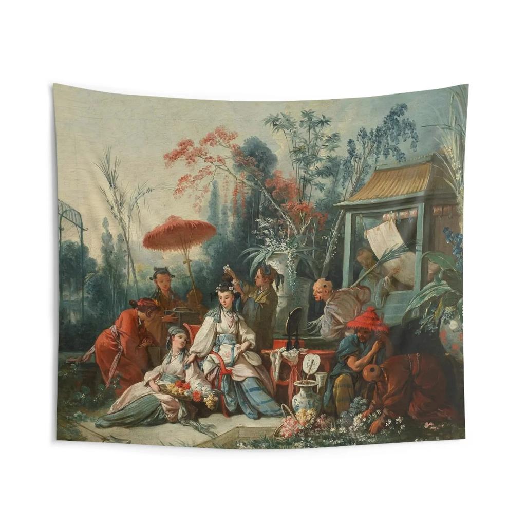 Arazzo da Parete Chinoiserie Vintage Stampa Piatta 2D Pelle di Pesca Appeso a Parete Paesaggio Classico Francese per Decorazione Soggiorno Camera da Letto