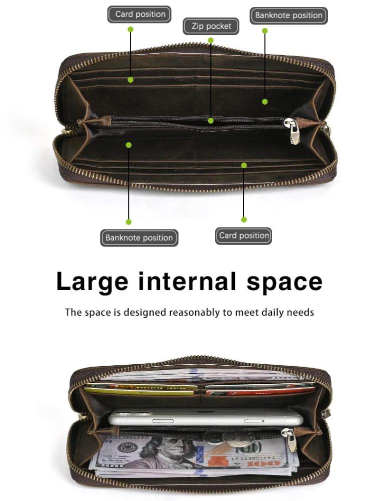 Johnature Crazy Horse Leather Long Wallet Men's Card Bag Retro Embossed Zipper Multi Card Holder Purse