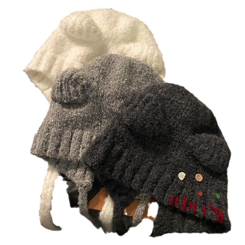 Sweet and Cute Button Bear Ear Hat for Women In Autumn and Winter To Keep Warm and Protect Against Cold Face Promoting Small Ear Protection Woolen Hat