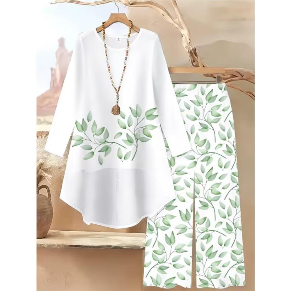 Flower Print Two Piece Outfit Women Long Sleeve Irregular Hem Tunic Top Wide Leg Pants Casual Matching Set