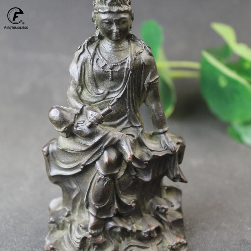 Antique Copper Guanyin Bodhisattva Statue Desktop Ornament Retro Buddha Figurines Lucky Feng Shui Home Decors Crafts Accessories