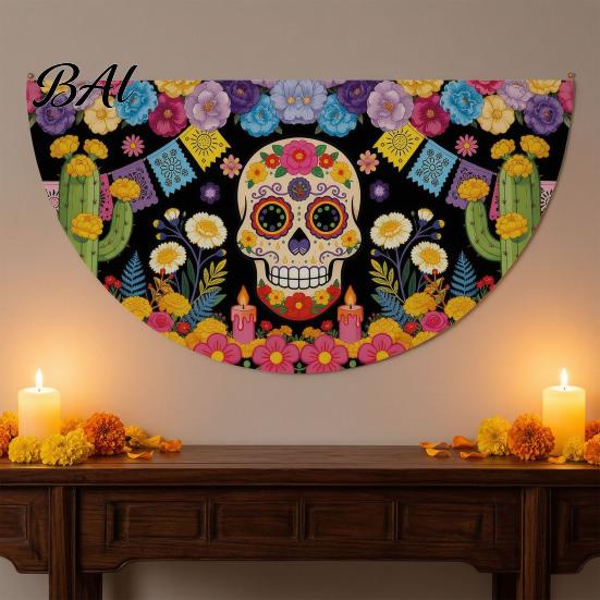 Sugar Skull Fan Flag Day of The Dead Bunting Banner, Marigold Print Fiesta Mexican Festival Home Ornament Hanging Flag, Colorful Outdoor Yard