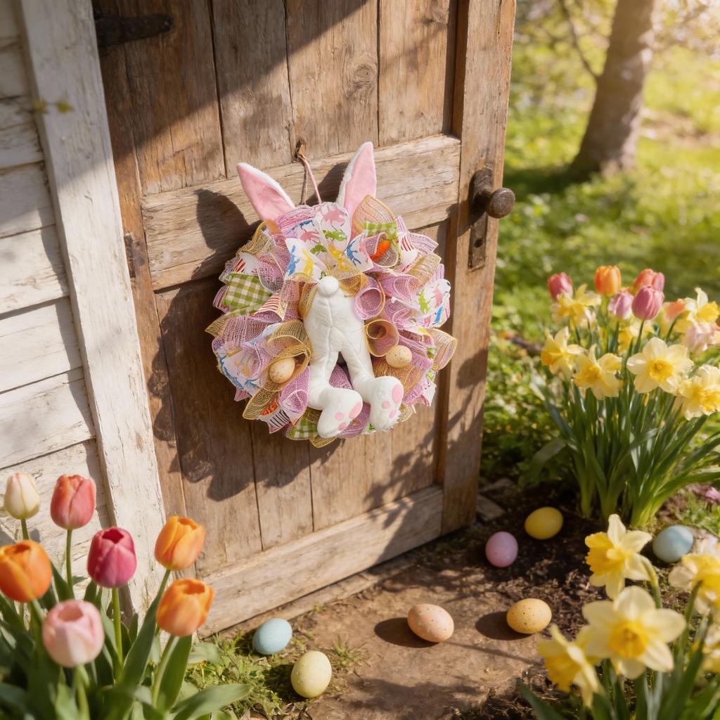 Colorful Easter Bunny Door Wreath with Handmade Ribbon and Creative Rabbit Design for Festive Holiday Decoration