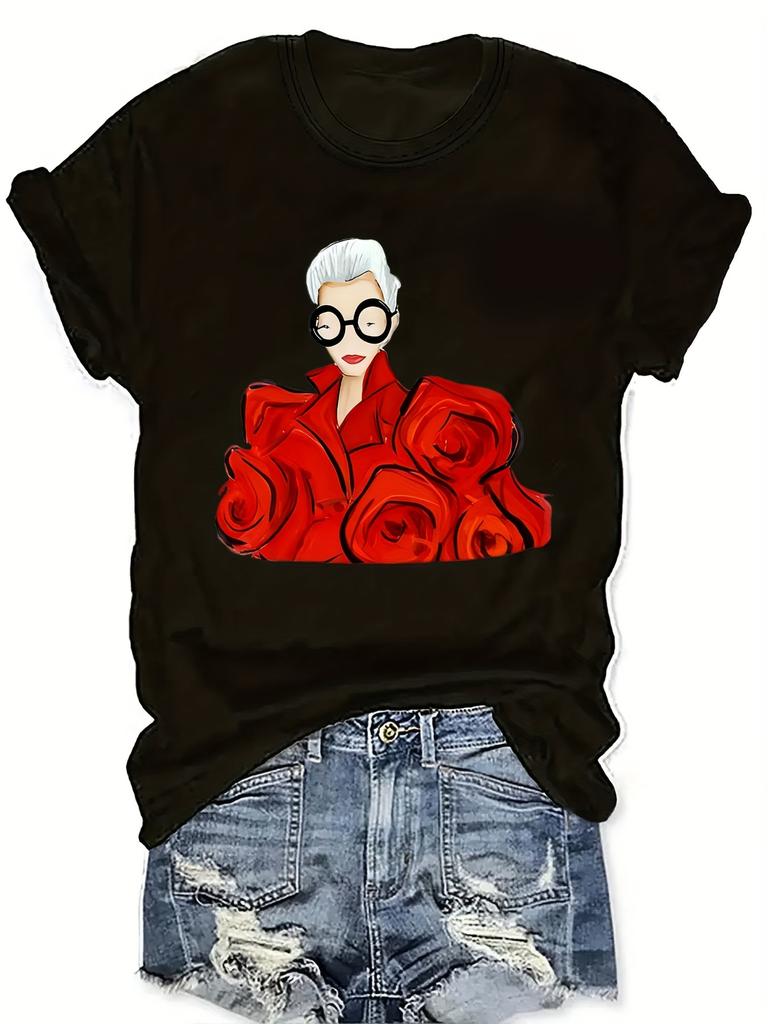 Women'S Floral Graphic T-Shirt Casual Crew Neck Short Sleeve Top Polyester Knit Fabric Regular Length Elastane