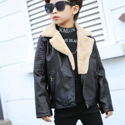Jungen Herbst und Winter Einfarbig PU Leder Jacke Mittleren Kind Hübscher Revers Mantel