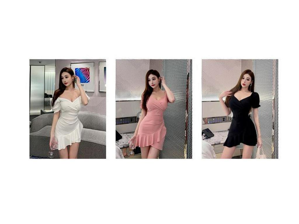 Rückenfreies Rüschenkleid für Damen im Sommer 2024 – Sexy Promi-V-Ausschnitt, kurzärmliger, enger Hüftrock