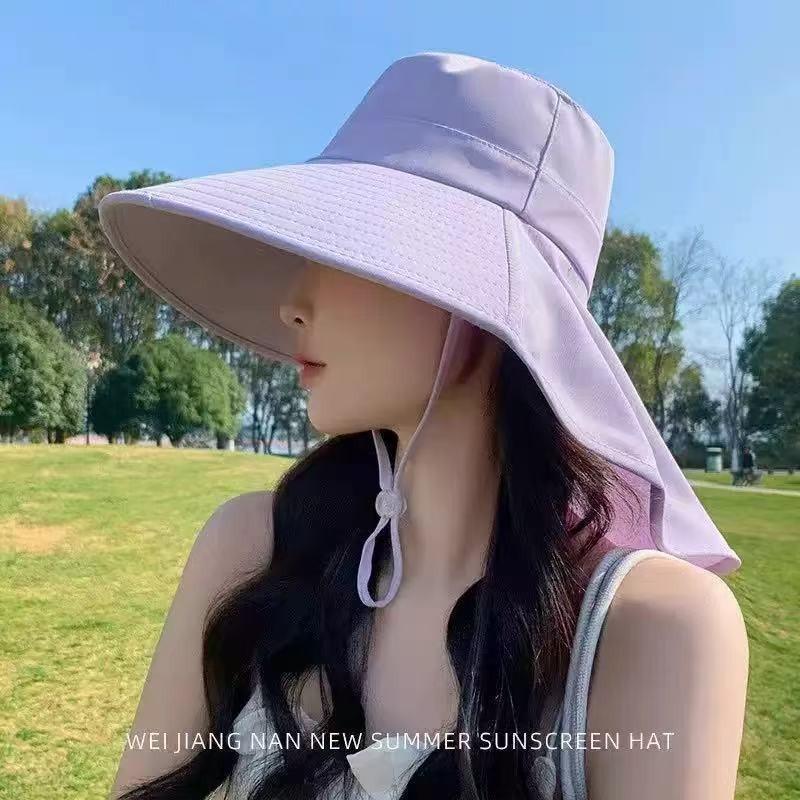 Full face sunscreen large brim shawl sun hat women's neck protector integrated UV protection bucket hat ponytail hat
