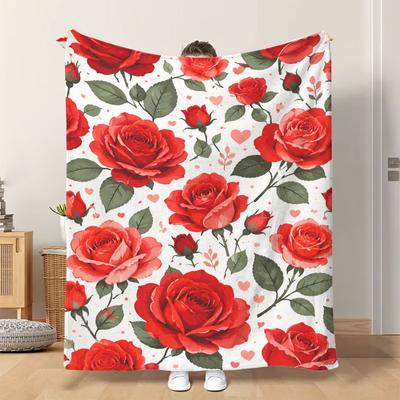 Fflannel Blanket 1pc Red Roses Blooming Elegantly Soft Comfortable and Warm This Nap Blanket/sofa Blanket Is Suitable for All Seas