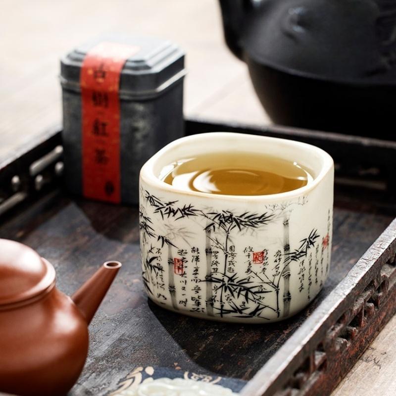 Taza de Té China de Bambú de 120 ml Cerámica Ru Yao Apertura Amarilla Hermosa Taza de Té Flores Vajilla Taza de Maestro Juego de Té KungFu