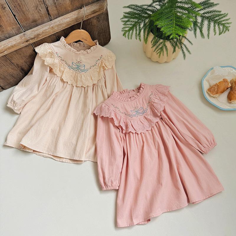 Spring Vintage Lace Girls Dress Long Sleeve Embroidered Bow Ruffle Children Princess Dress
