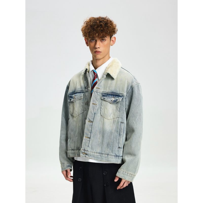 Cabbage Coke American Retro Autumn and Winter Fur Collar Denim Jacket with Fleece Lining, Warm Loose Fit Cleanfit Coat for Men