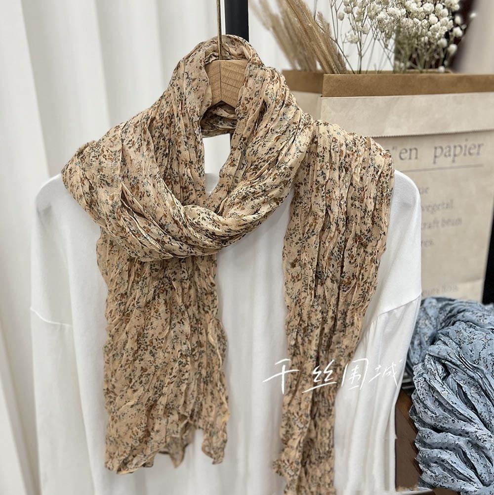 New Retro Literary Imitation Cotton And Linen Pleated Thin Versatile Shawl Small Floral Scarf Yarn Japanese Fashion Trend