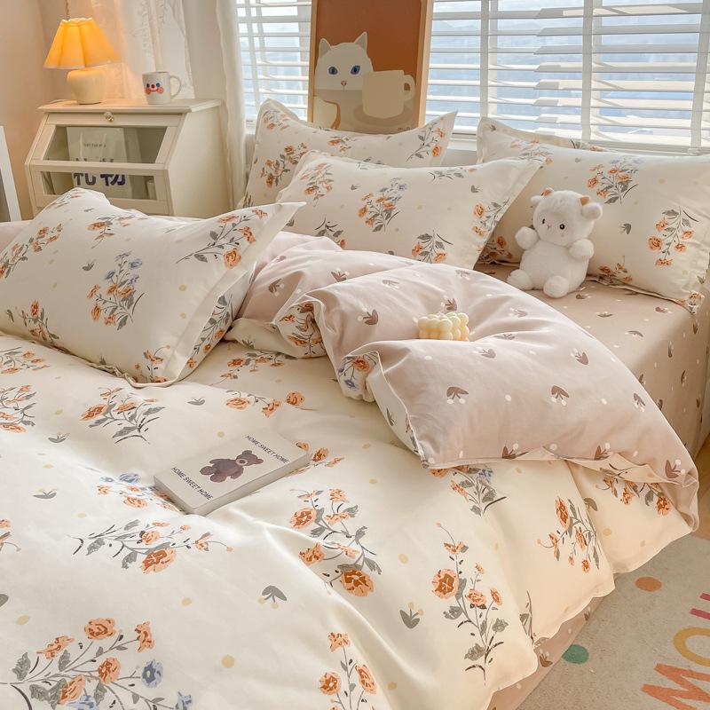 Washed Cotton 4Pcs Set, Spring And Autumn 1.8M Bed Sheet Double Quilt Set 3Pcs Home Textile