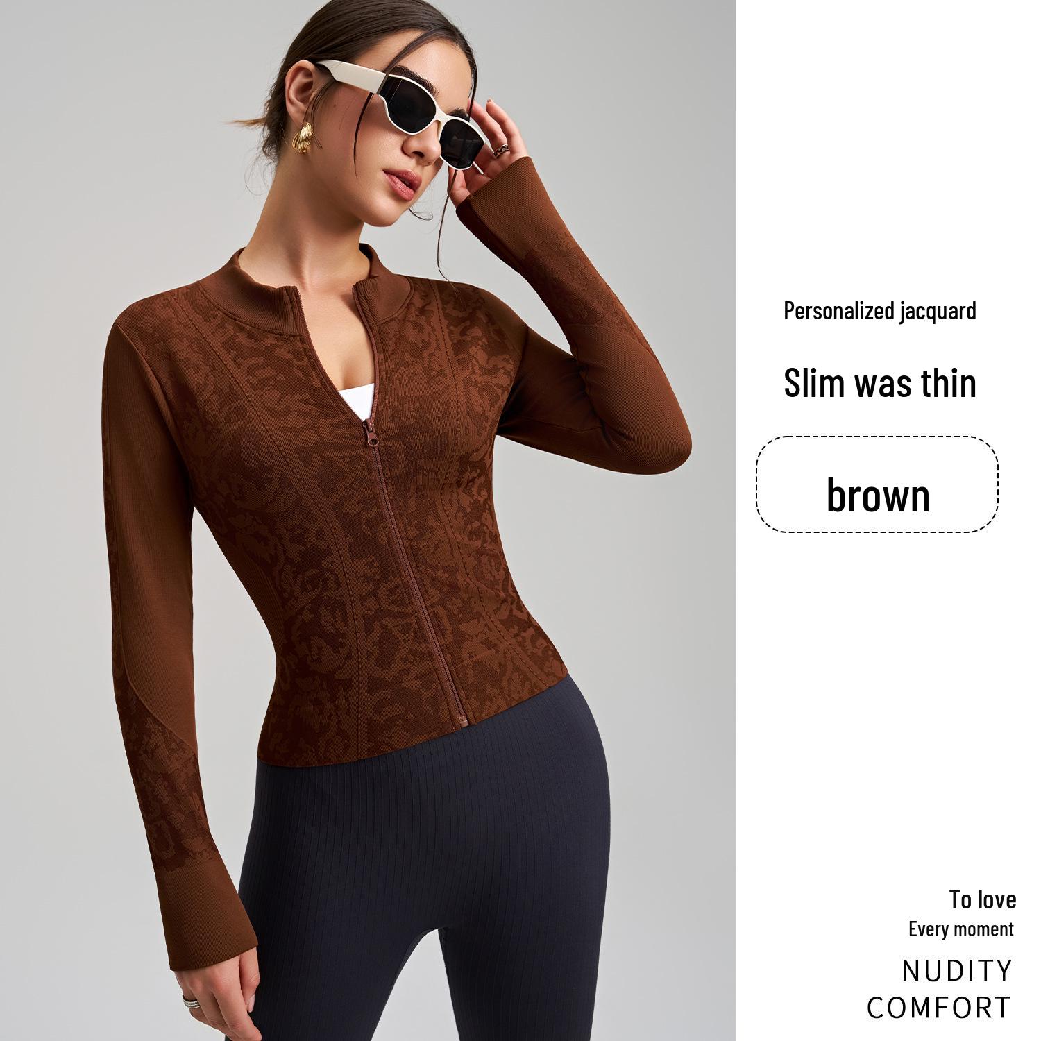 

Stylish Jacquard Yoga Jacket: High Elasticity, Body-Shaping, Seamless Zipper Top Medium коричневий