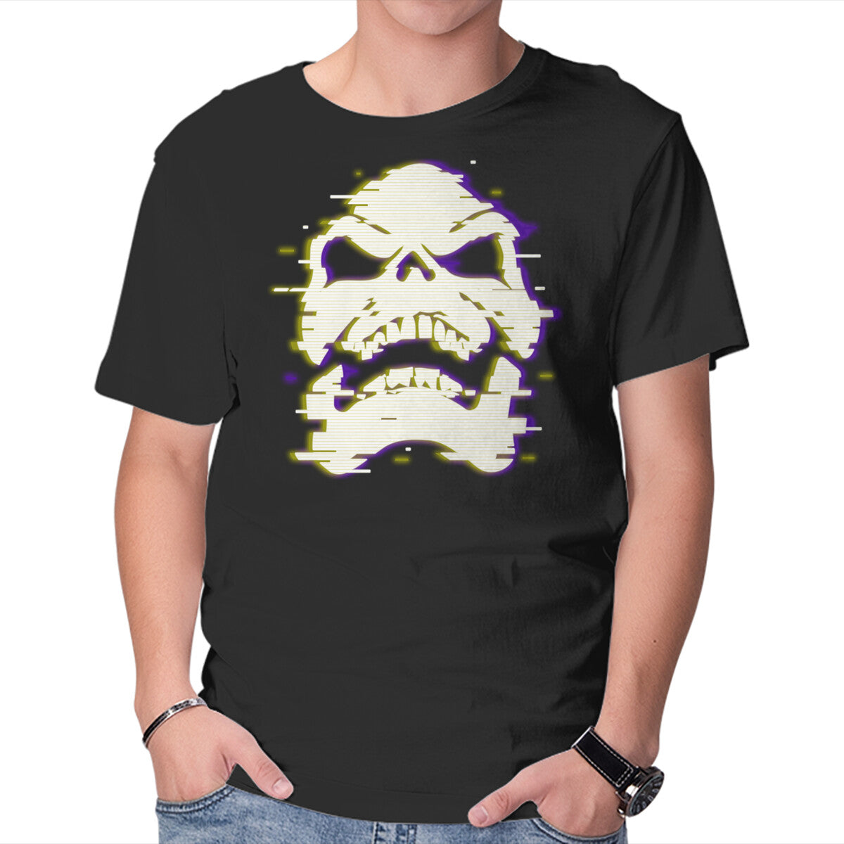 Unisex Crew Neck T-Shirt Glitchy Skull Graphic Short Sleeve Casual Tee M