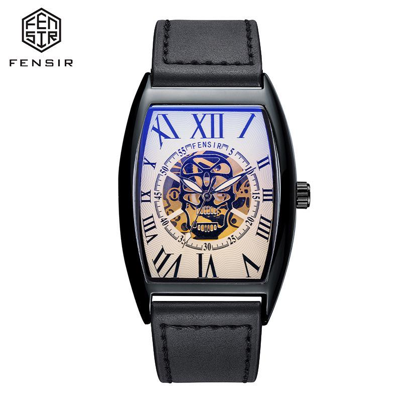 Finish 2027 Skull Face Mesh Strap Men's Waterproof Barrel-Shaped Tictok Watch with Leather Belt