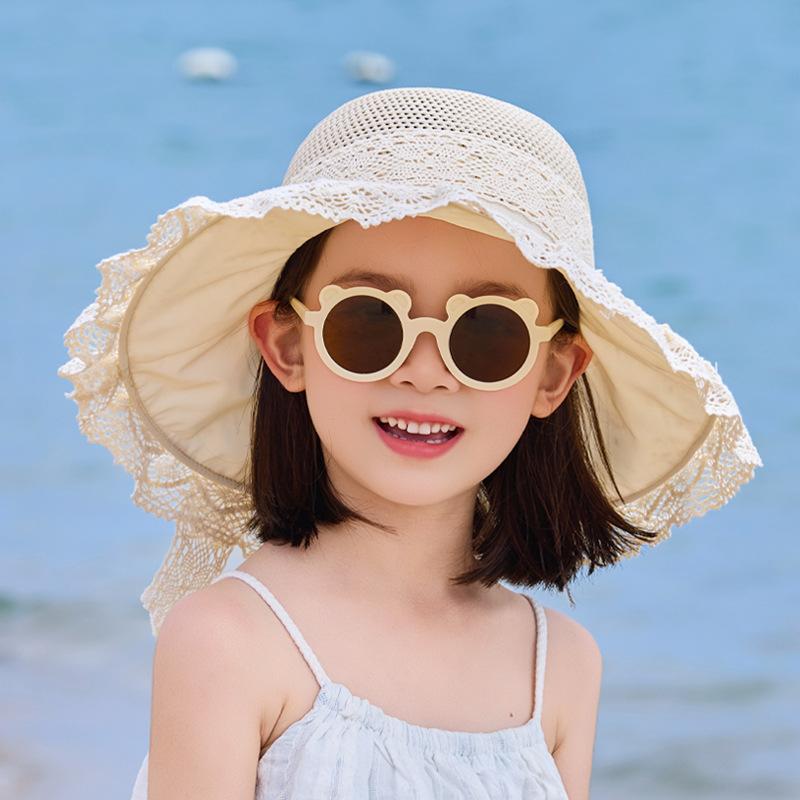 Children's Hat Summer Outdoor Travel Sunscreen Hat Hollow Breathable Straw Visor Lace Large Brim Bucket Hat